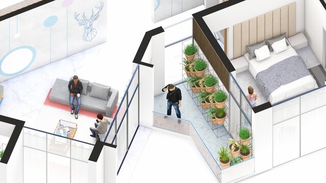 Isometric Blow up of an apartment interior showing terrace bedroom and living room