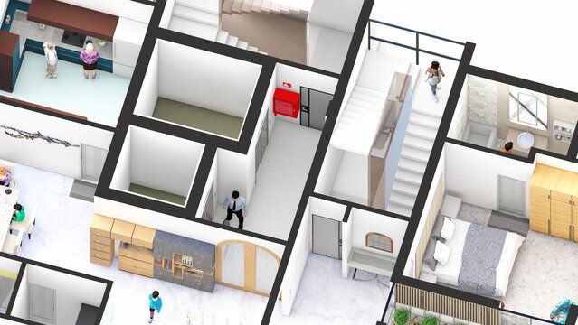 Isometric Blow up of an apartment interior showing vertical circulations fire exit bedroom and entry