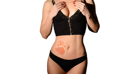 beautiful young woman body with kidney hologram. Kidney disease, stones