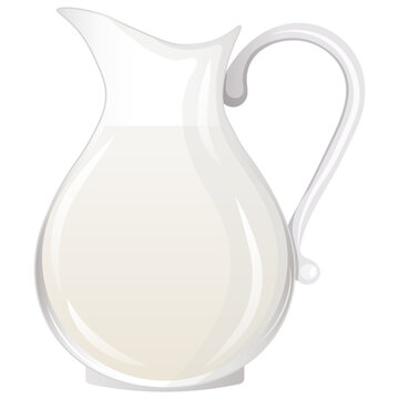 Glass jug with milk isolated on a white background. Baking, bakery shop, cooking, dessert, pastry concept. Vector illustration in cartoon flat style for poster, banner, card, advertising, cooking app