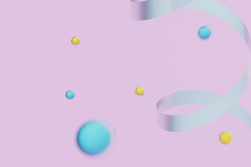 an abstract background on which there are multi-colored balls and a ribbon on a pastel background. 3D render