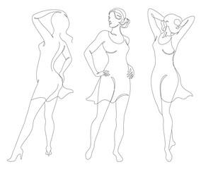 Collection. Girl silhouettes in modern single line style. Women's line art continuous line drawing, decor aesthetic outline, posters, wall art, stickers, logo. Vector illustration set.