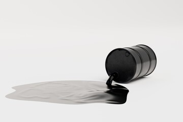 oil spilling from a black barrel on a white background. copy paste, copy space. 3D render