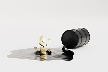 higher oil prices. a black barrel of spilled oil and dollar icons on a white background. 3D render