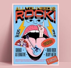Retro rock music party or concert poster or flyer design template with vintage rock and roll graphic elements on blue background. Vector illustration