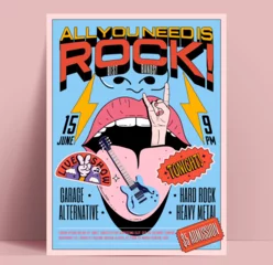 Rolgordijnen Retro rock music party or concert poster or flyer design template with vintage rock and roll graphic elements on blue background. Vector illustration © paul_craft
