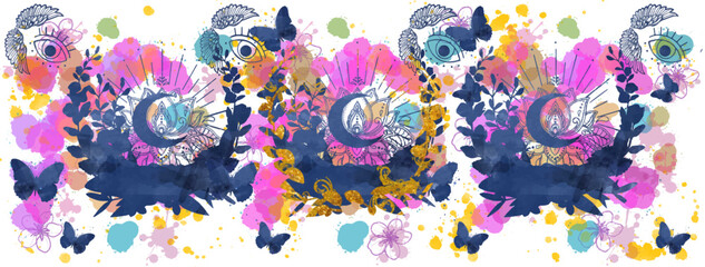 Watercolour floral pattern with moon, butterflies, splashes. Birthday, wedding, Ramadan, Holiday, yoga, tattoo template.