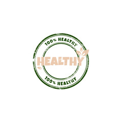 Healthy and natural products sticker, stamp, badge, label and logo with grunge effect. Ecology icon. Logo template with leaves for healthy and natural products. Vector illustration