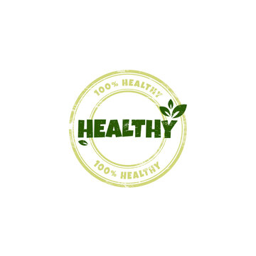 Healthy and natural products sticker, label, badge, stamp and logo with grunge effect. Ecology icon. Logo template with green leaves for healthy and natural products. Vector illustration