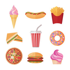 Colorful fastfood colorful flat icons on white background set