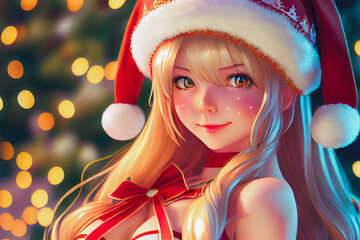 Illustration of digital paint a santa girl wearing santa's red hat blur and bokeh background Generative AI