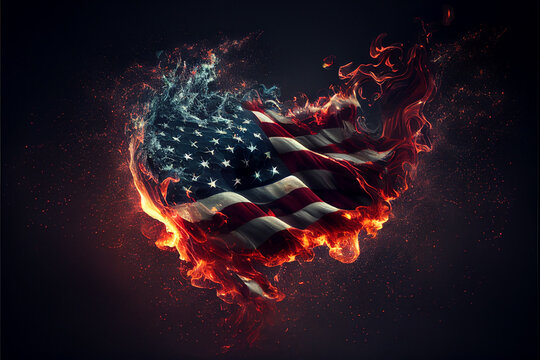 USA Stars and Stripes or Star Spangel Banner of the American national flag distressed and on fire and burning for a US wall poster or album cover, computer Generative AI stock illustration image