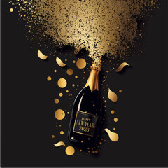 Abstract watercolor New Years Eve Greeting Card with champagne bottle on dark background