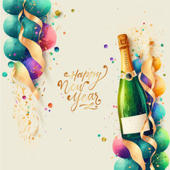 Abstract watercolor New Years Eve Greeting Card with champagne bottle on bright background