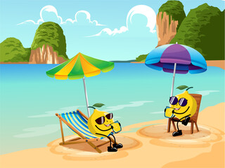 illustration of a lemon relaxing on the beach under an umbrella