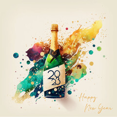 Abstract watercolor New Years Eve Greeting Card with champagne bottle on bright background