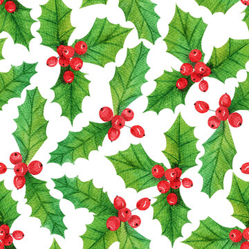 Holly seamless pattern. Red berries and green leaves, christmas background