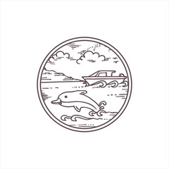 Dolphin and sea illustration or monoline vintage badge design