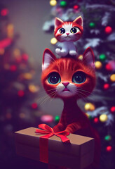 Cute red cartoon kitten with a present and a tiny kitten on its head, Christmas tree background, AI generated image