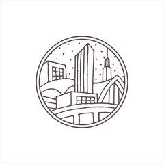View of city illustration or monoline vintage badge design