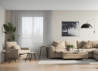 white room with a sofa. Living room interior. Scandinavian interior. 3d illustration