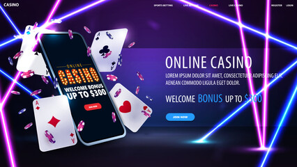 Online casino, banner for website with button, smartphone, poker chips and playing cards in purple scene with blue and pink neon line rays
