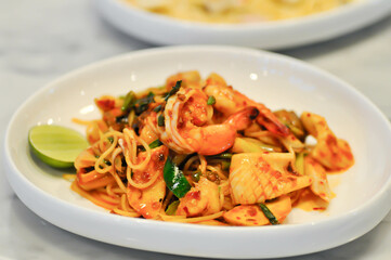 shrimp and squid pasta or seafood pasta or seafood spaghetti ,pasta or spicy pasta