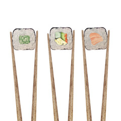 Watercolor asian food sushi set with salmon, cucamber and tamago in wooden chopsticks.
