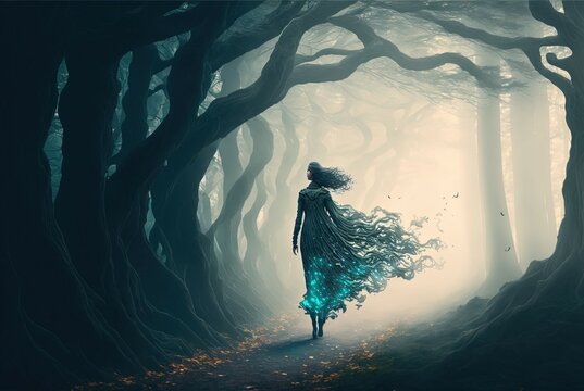 Fantasy Woman in Forest. Generative AI.