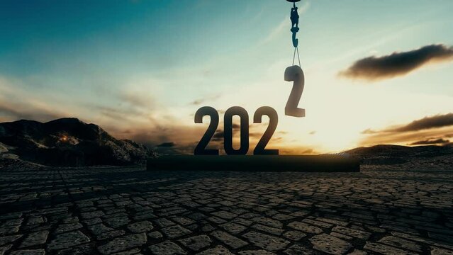The end of the year 2022 and the start of 2023. Animation of a crane's hook changing the number of the year.
