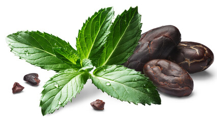 Mint with shelled cocoa beans, isolated png