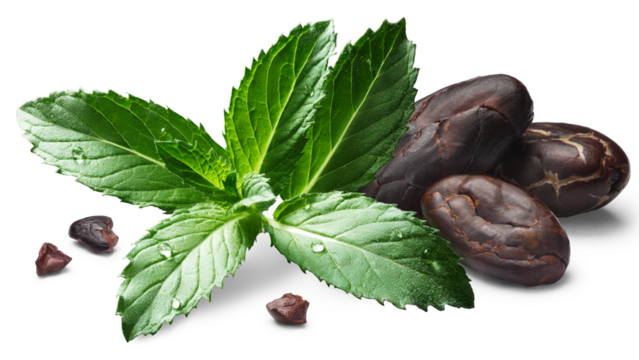 Mint with shelled cocoa beans, isolated png