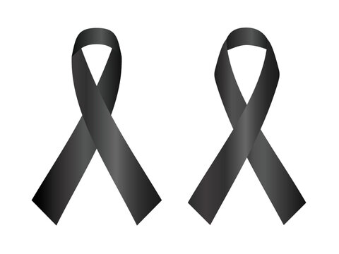 Black awareness ribbon.Melanoma and skin cancer awareness month.Mourning the death.Rest in Peace.Terrorism.Support and hope concept.Sign, symbol, icon or logo isolated.Realistic vector illustration.