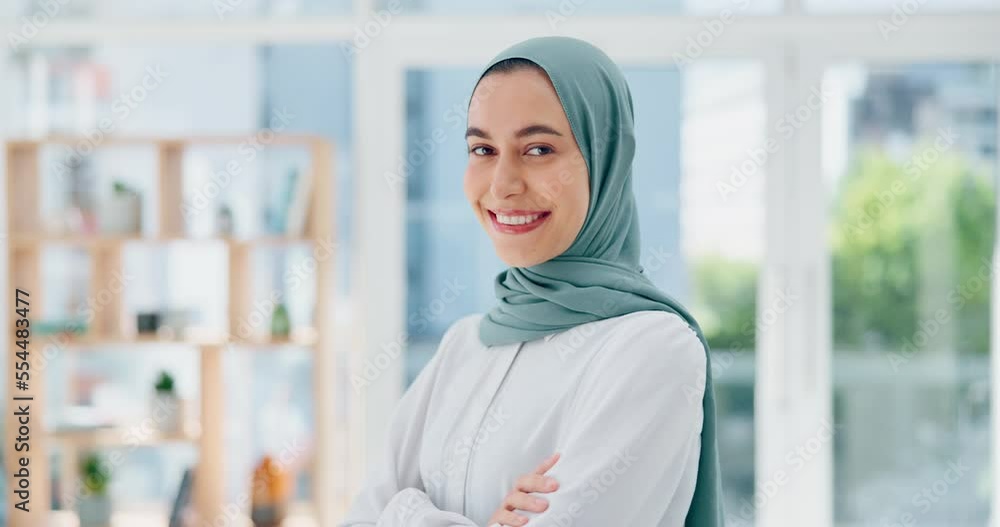 Poster Face, mindset and vision with a business muslim woman standing arms crossed in her office at work. Portrait, confidence and empowerment with an islamic female employee working on company growth