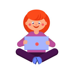 The child is sitting with a tablet in his hands and smiling. Online education. Vector drawing