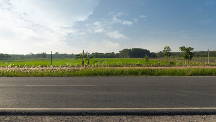 Horizontal view of asphalt road in Thailand. Background of parallel ground path and green rice...