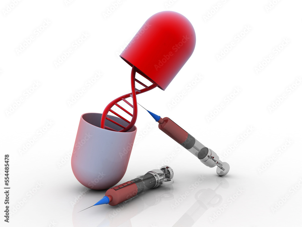 Sticker 3d render of dna structure with capsule near syringe