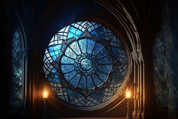 Round Vitrage Gothic Window with Colored Stained Glass in the Mystic Mansion Room. Generative AI.