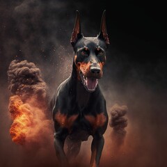 running Doberman dog on the background of fire and explosions. Generative AI
