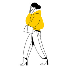 vector flat design trendy linear image beautiful stylish woman in autumn or winter warm clothes walking down the street. street style, fashion. useful for web, graphic design, print, card, poster