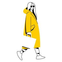 vector flat design trendy linear image beautiful stylish woman in autumn or winter warm clothes walking down the street. street style, fashion. useful for web, graphic design, print, card, poster