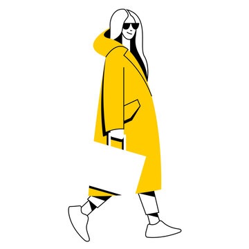 yellow coat woman walking with bag clip art preview