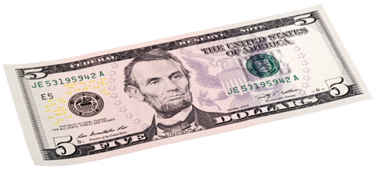 Five U.S. dollar banknote isolated end stacked on white background. Made at an angle. Perfect content with money to create business concepts, economic and financial news.