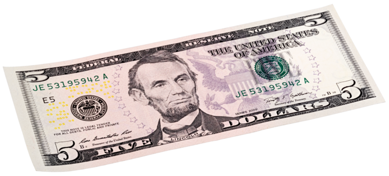 Five U.S. dollar banknote isolated end stacked on white background. Made at an angle. Perfect content with money to create business concepts, economic and financial news.