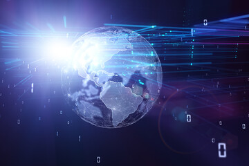Fototapeta na wymiar Shining digital technology cyberspace network with earth globe and binary code data illustration background.