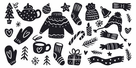 Vector horizontal pattern with a collection of Christmas elements hand-drawn in the style of a doodle.