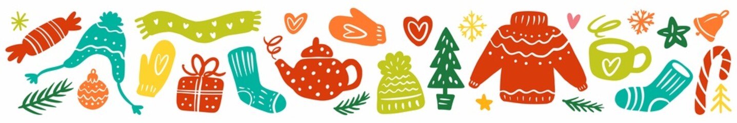 Horizontal pattern of New Year and Christmas symbols hand-drawn in doodle style