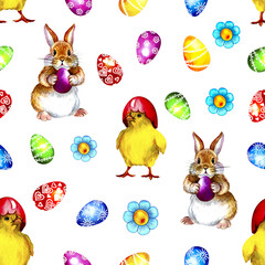 Seamless Easter pattern with eggs, chicks and rabbits. Watercolor illustration. For textiles, packaging, decoration