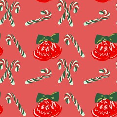 Winter seamless pattern with bells, candy canes.