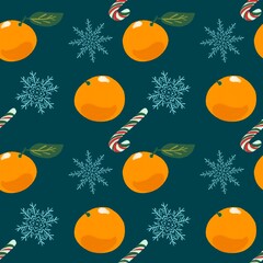 Winter seamless pattern with oranges, snowflakes, candy canes.